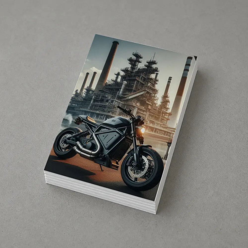 Dark Scrambler Motorcycle Industrial Refinery Background – Postcards