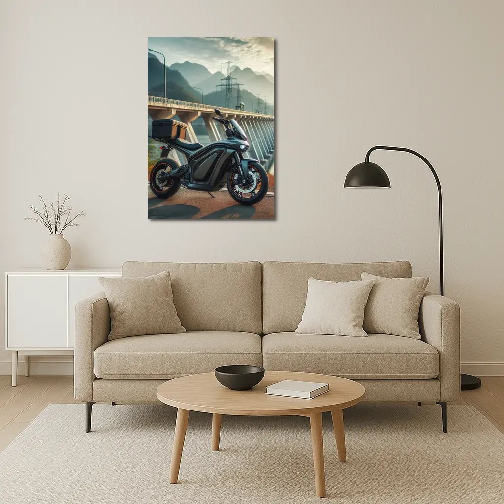 Electric Motorcycle Parked Near Mountain Bridge – Wall Art
