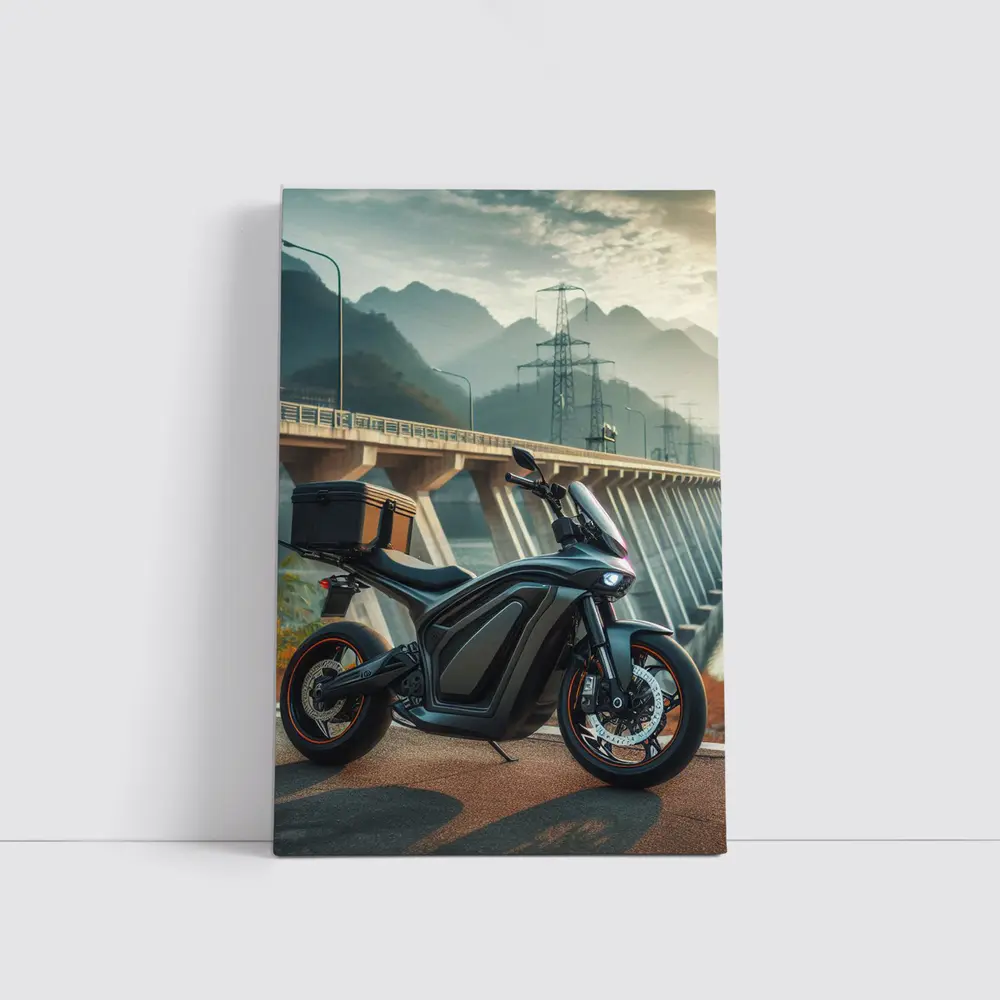 Electric Motorcycle Parked Near Mountain Bridge – Wall Art