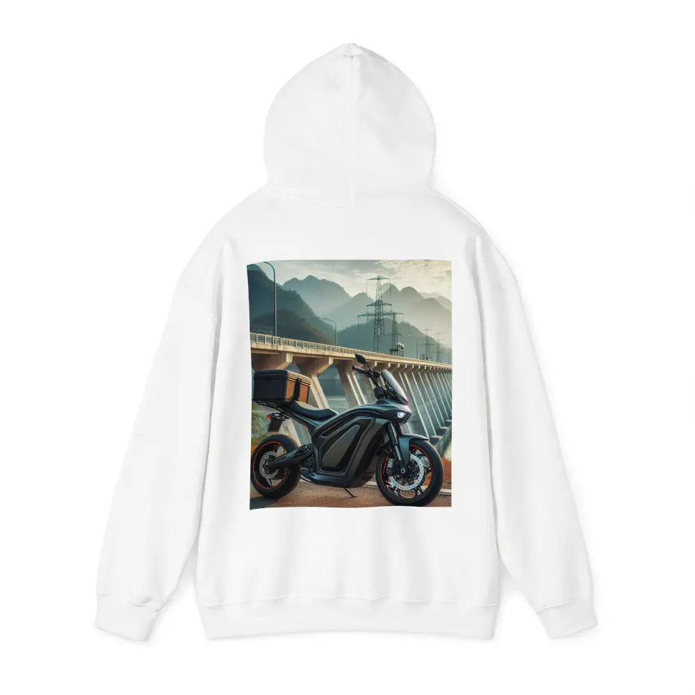 Electric Motorcycle Parked Near Mountain Bridge – Hoodies
