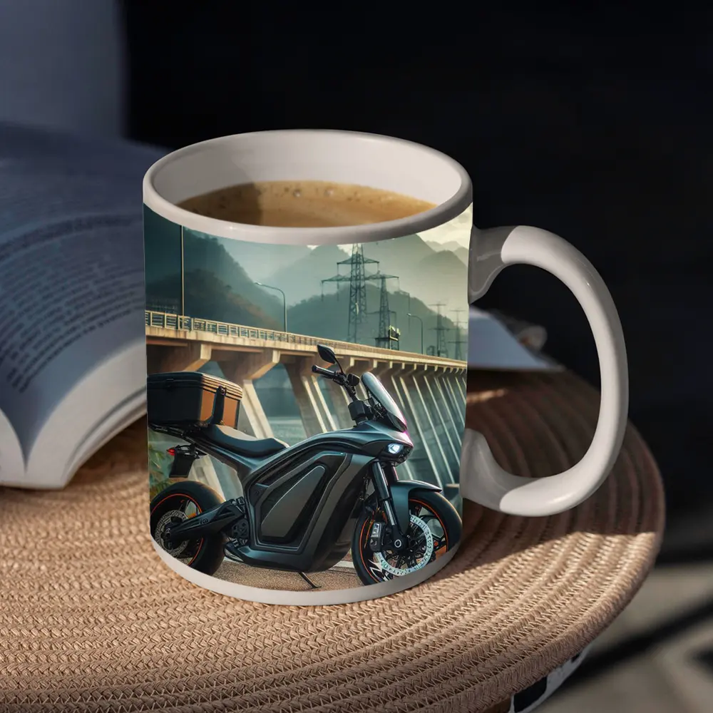Electric Motorcycle Parked Near Mountain Bridge – Mugs