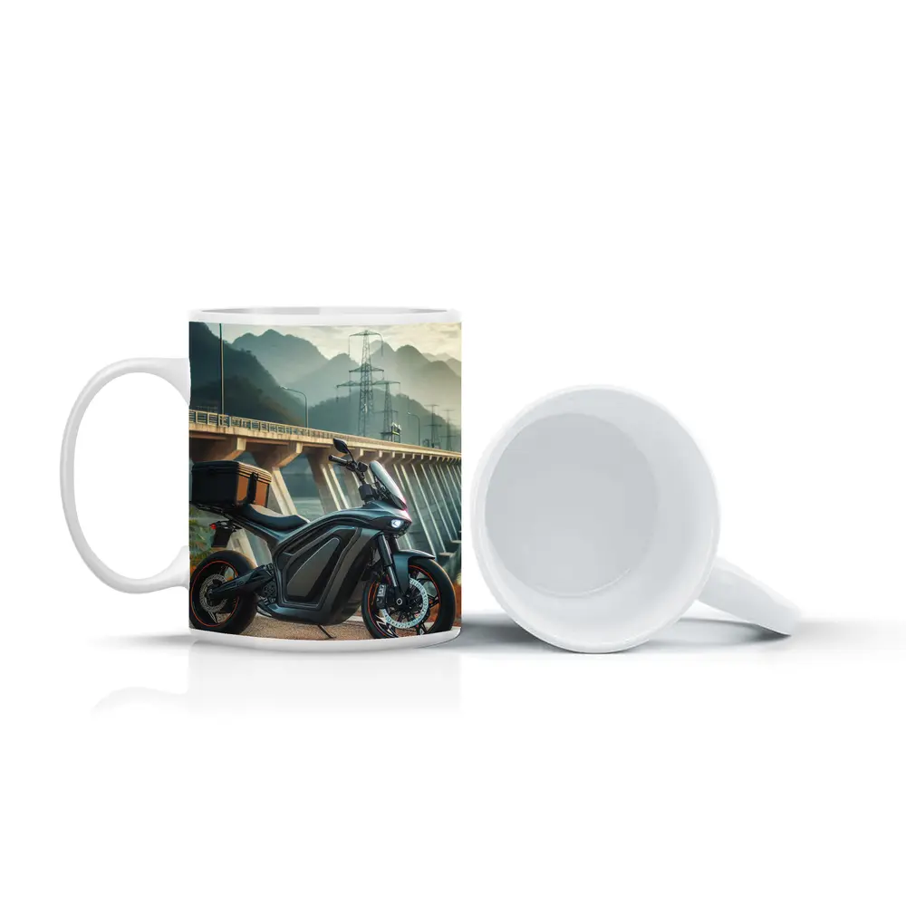 Electric Motorcycle Parked Near Mountain Bridge – Mugs