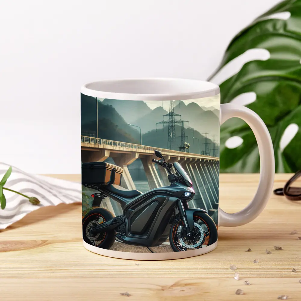 Electric Motorcycle Parked Near Mountain Bridge – Mugs