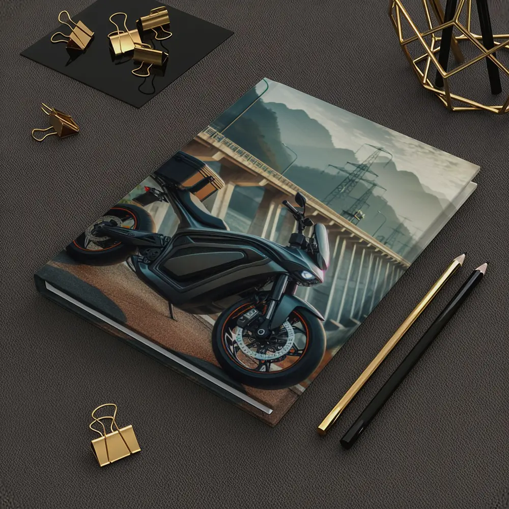 Electric Motorcycle Parked Near Mountain Bridge – Notebooks