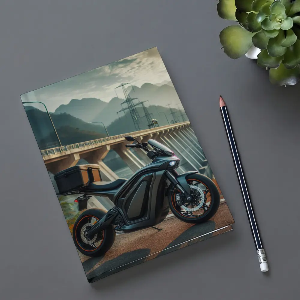 Electric Motorcycle Parked Near Mountain Bridge – Notebooks