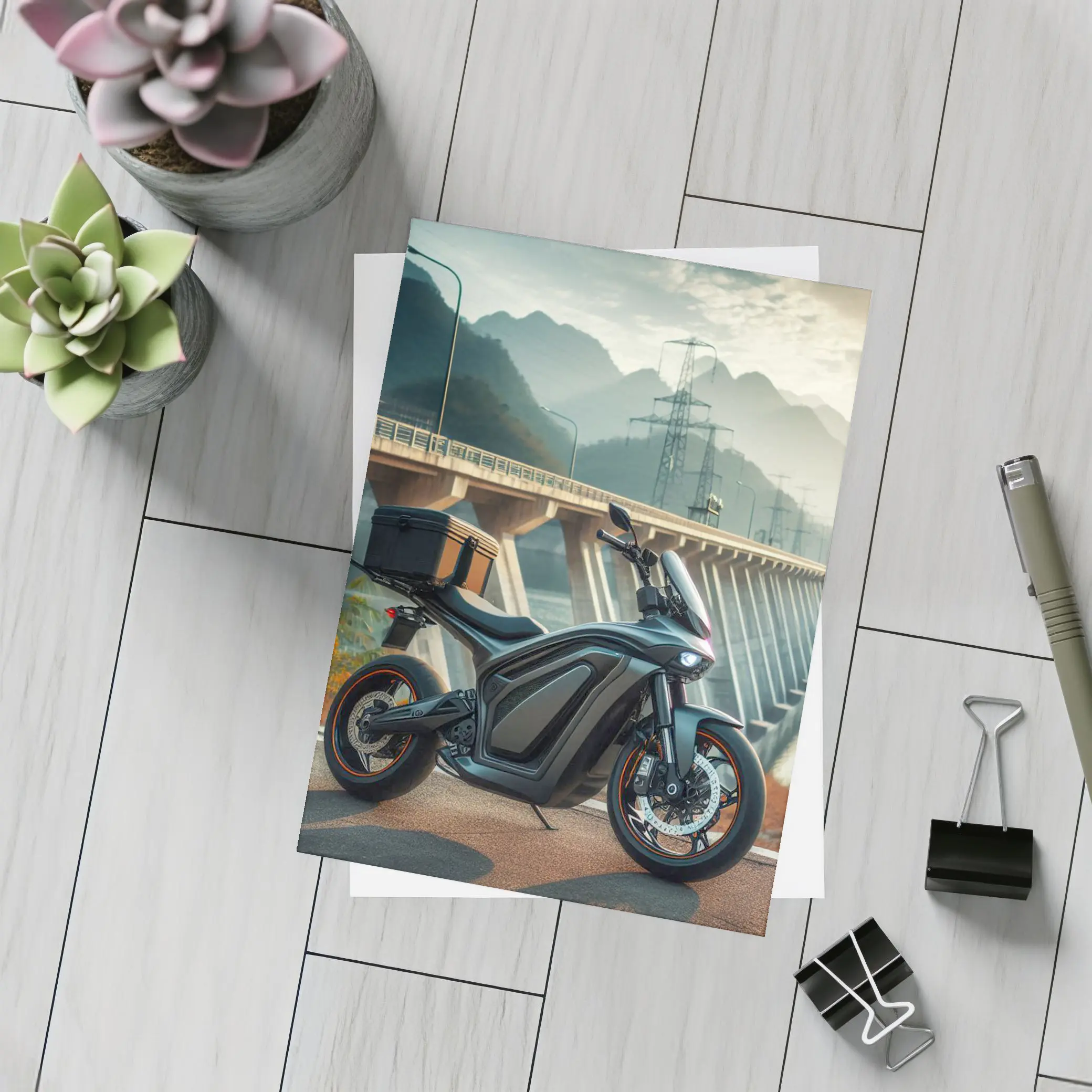 Electric Motorcycle Parked Near Mountain Bridge – Postcards