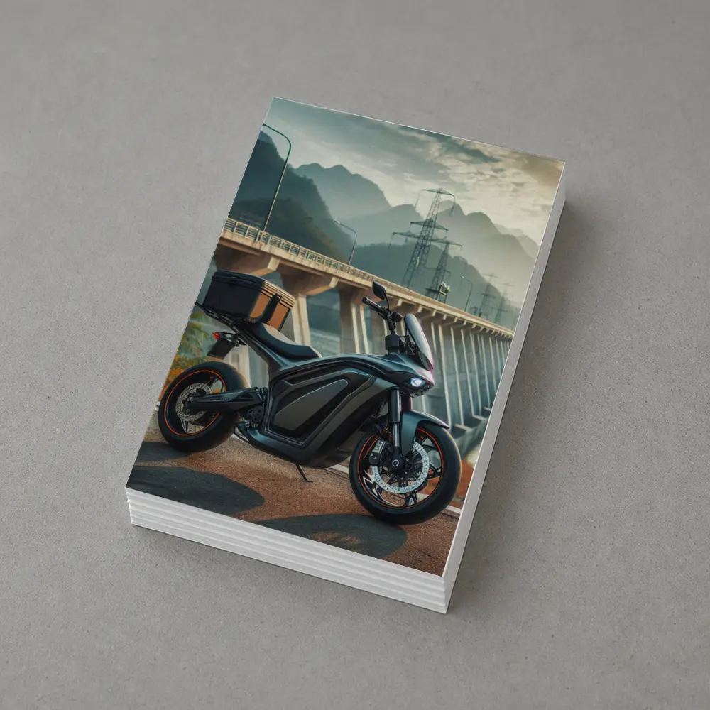 Electric Motorcycle Parked Near Mountain Bridge – Postcards