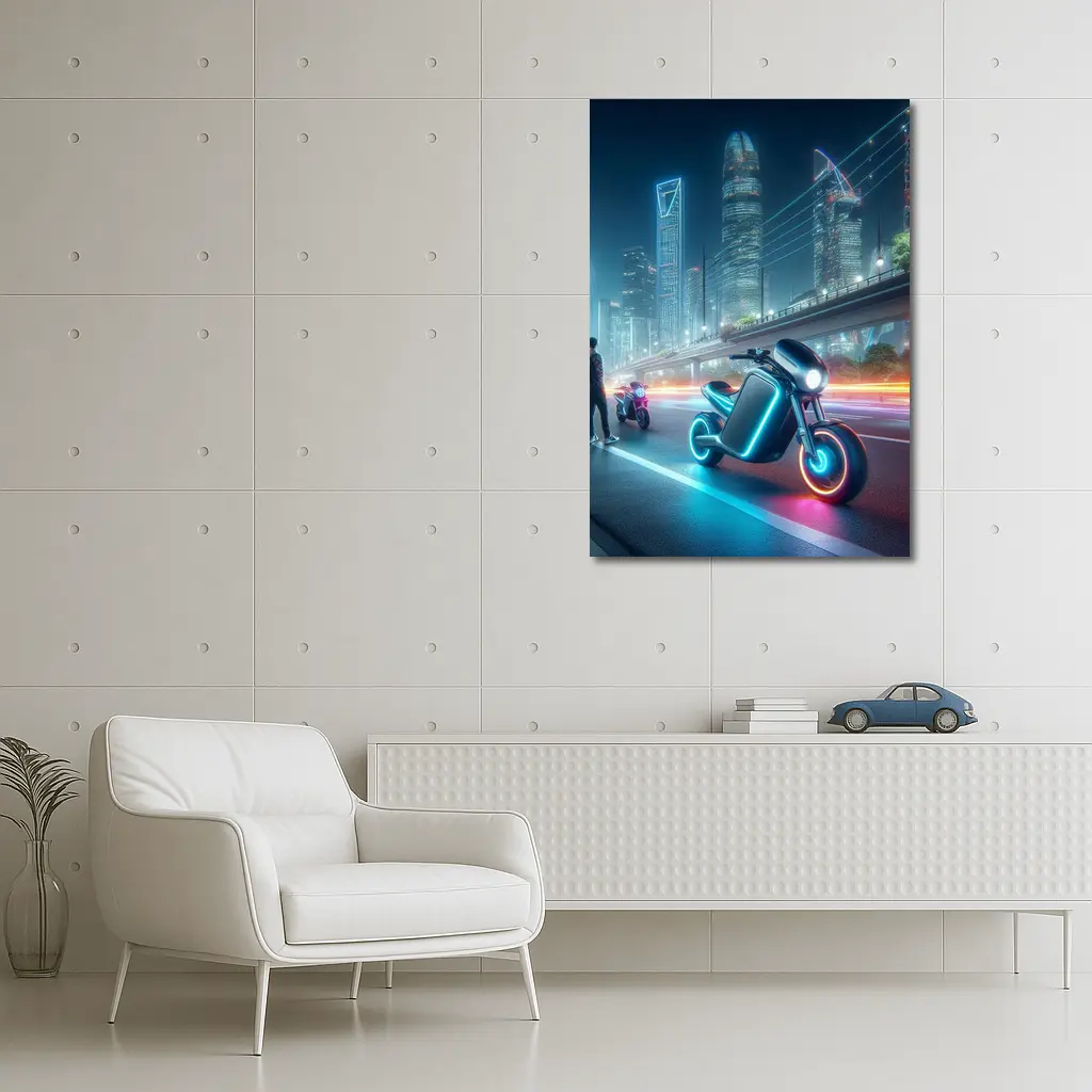 Futuristic Neon Motorcycle Glowing City Night – Wall Art
