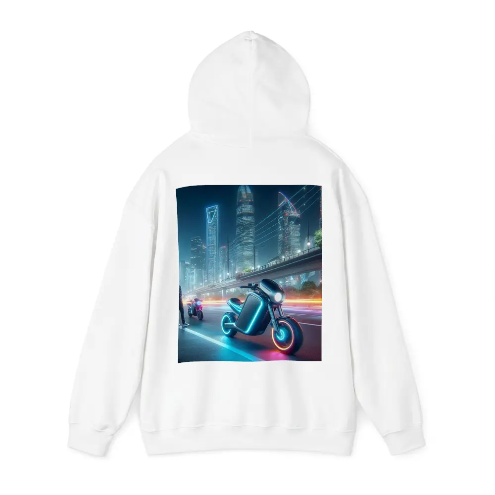 Futuristic Neon Motorcycle Glowing City Night – Hoodies