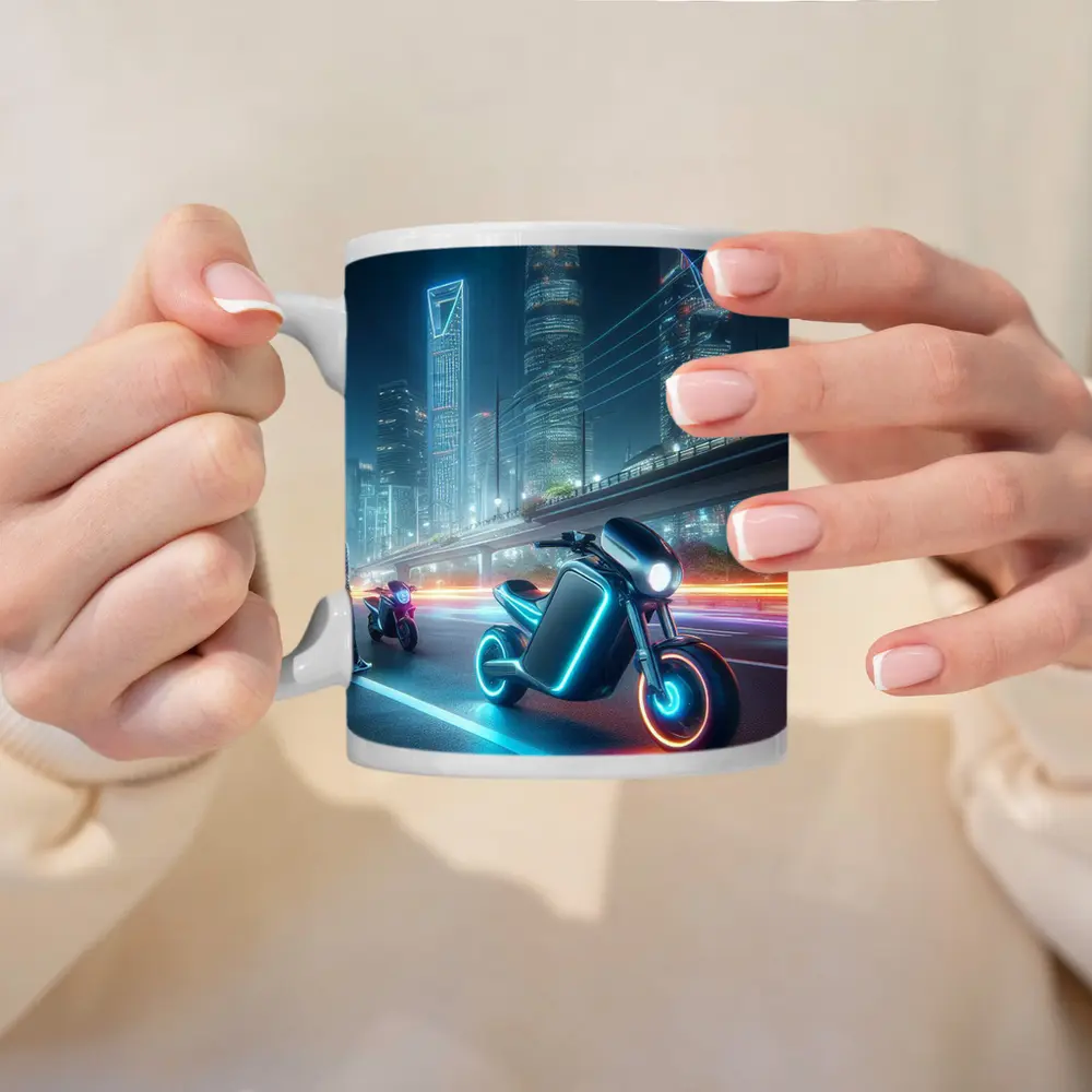 Futuristic Neon Motorcycle Glowing City Night – Mugs