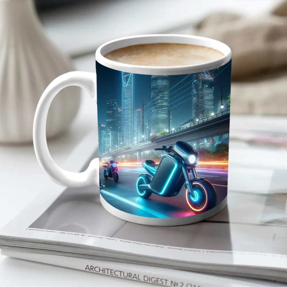 Futuristic Neon Motorcycle Glowing City Night – Mugs