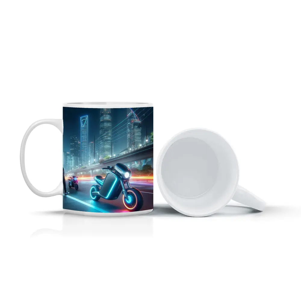 Futuristic Neon Motorcycle Glowing City Night – Mugs