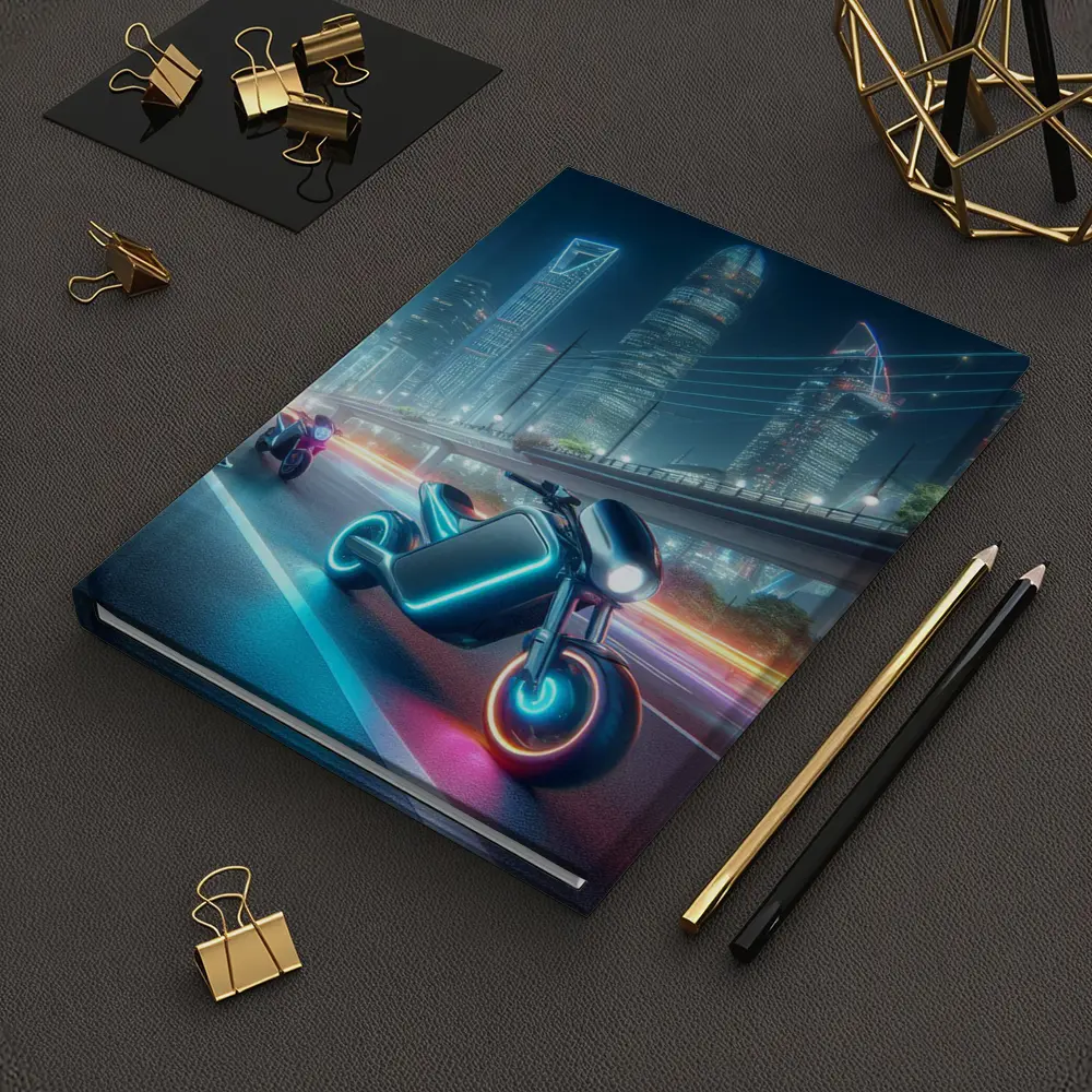 Futuristic Neon Motorcycle Glowing City Night – Notebooks