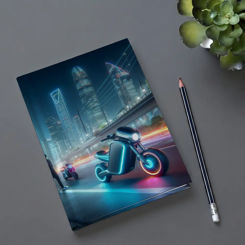 Futuristic Neon Motorcycle Glowing City Night – Notebooks