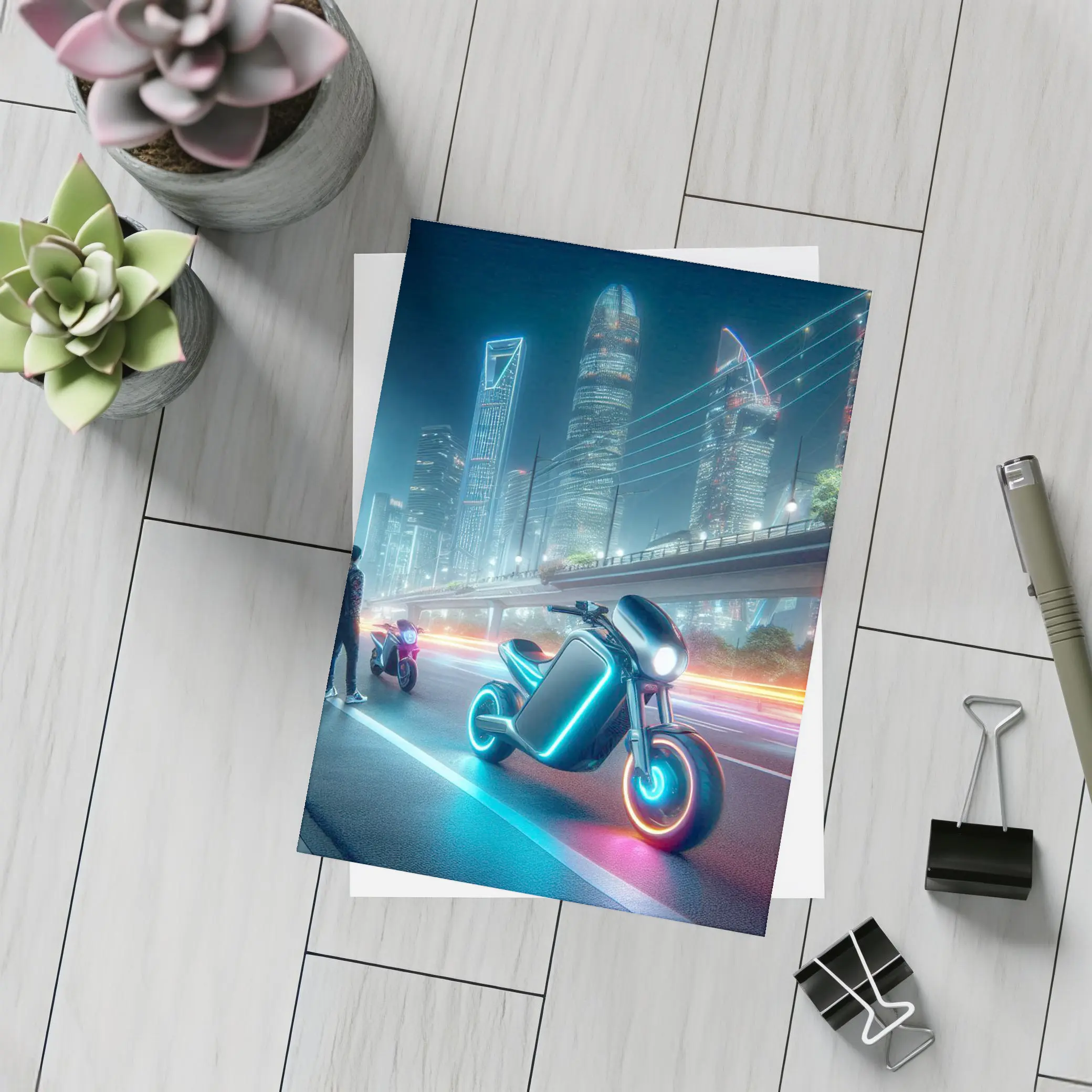 Futuristic Neon Motorcycle Glowing City Night – Postcards