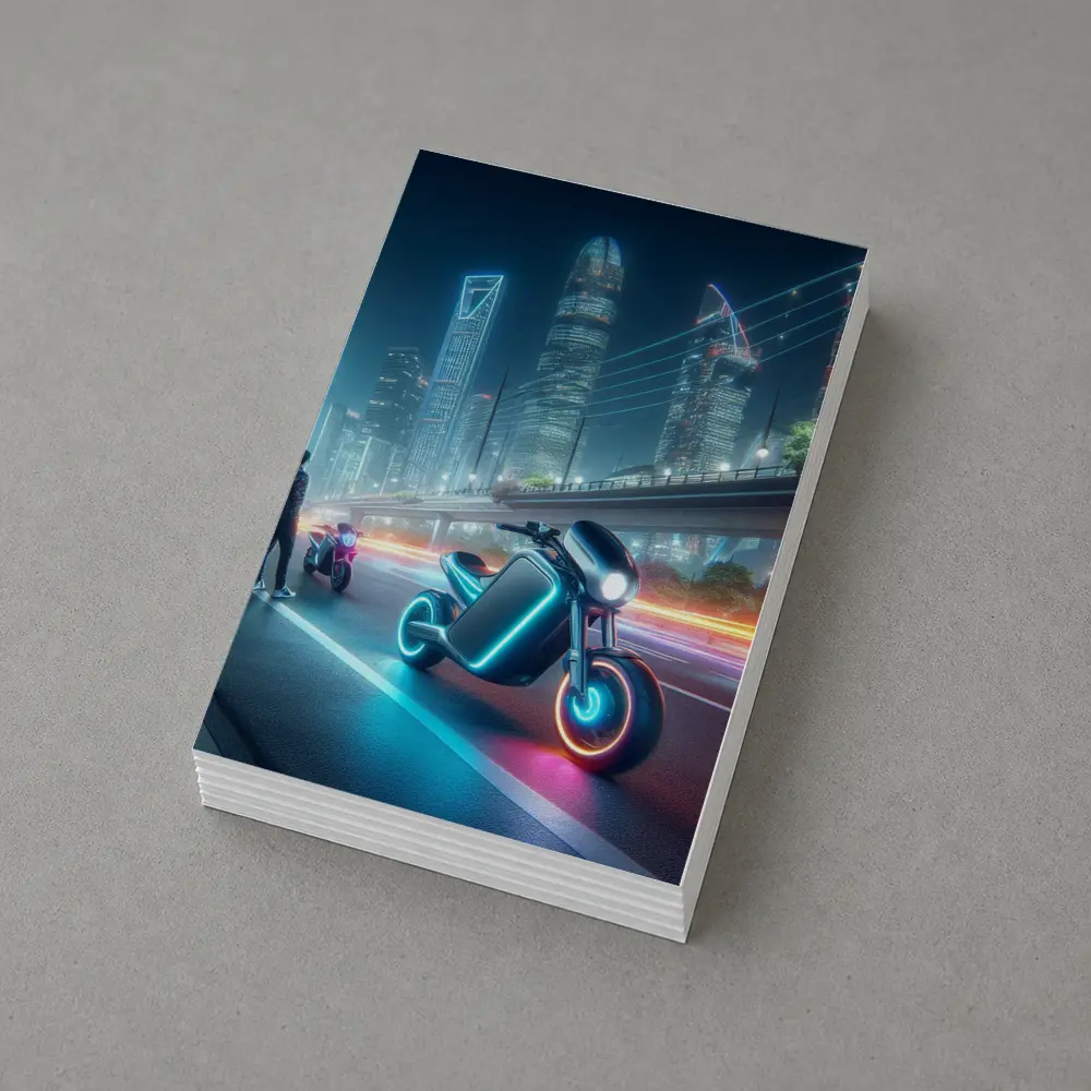 Futuristic Neon Motorcycle Glowing City Night – Postcards