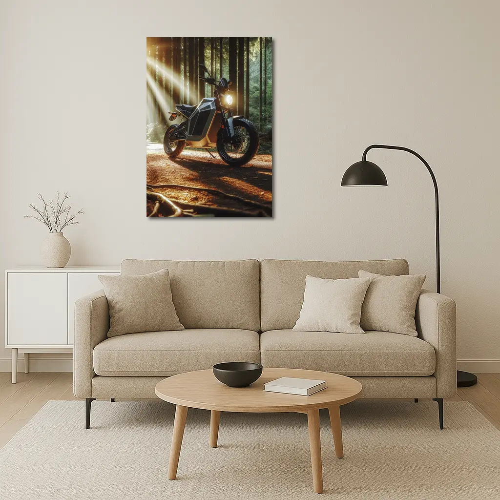Electric Motorcycle Parked In Sunlit Forest – Wall Art