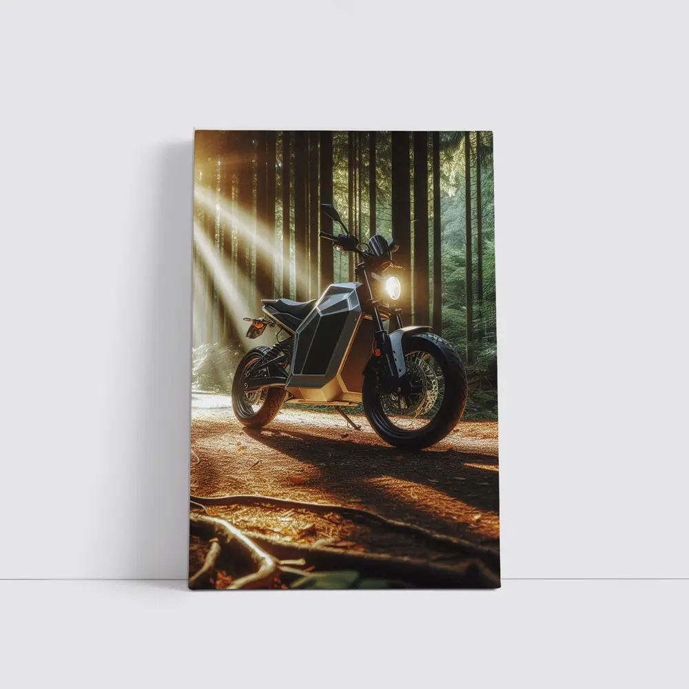 Electric Motorcycle Parked In Sunlit Forest – Wall Art