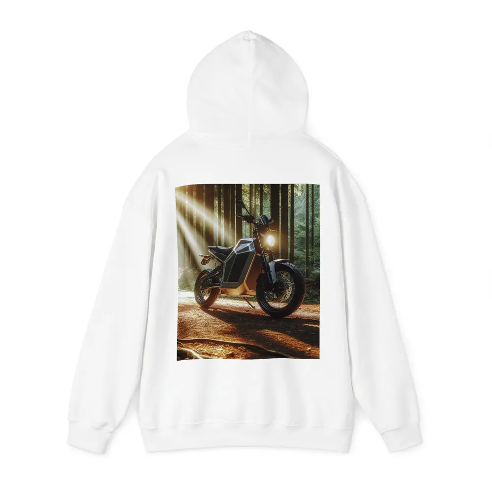 Electric Motorcycle Parked In Sunlit Forest – Hoodies