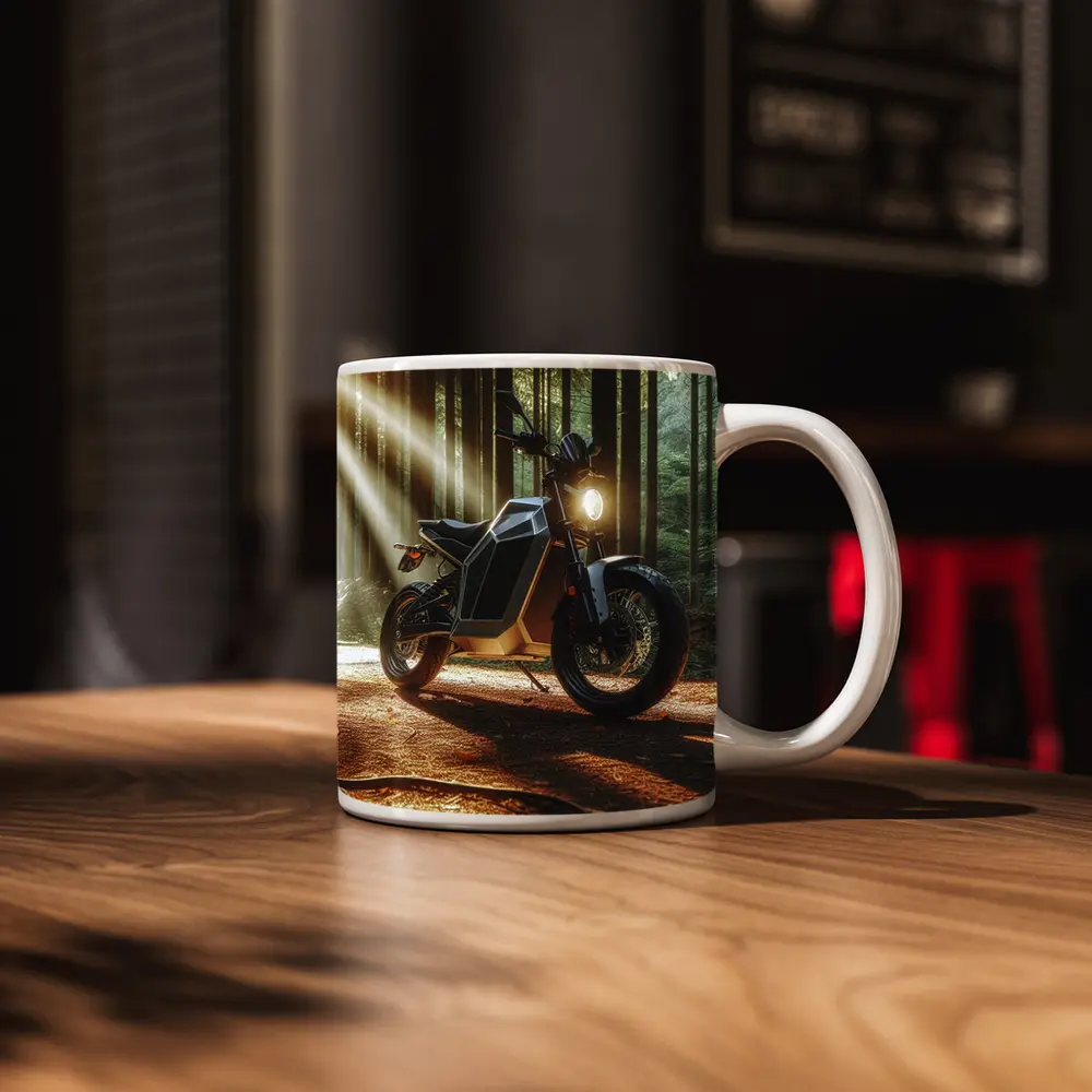 Electric Motorcycle Parked In Sunlit Forest – Mugs