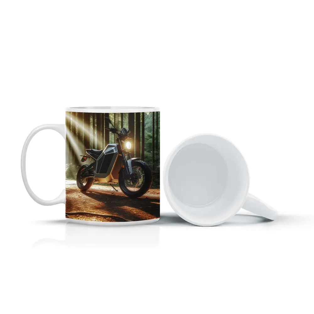 Electric Motorcycle Parked In Sunlit Forest – Mugs