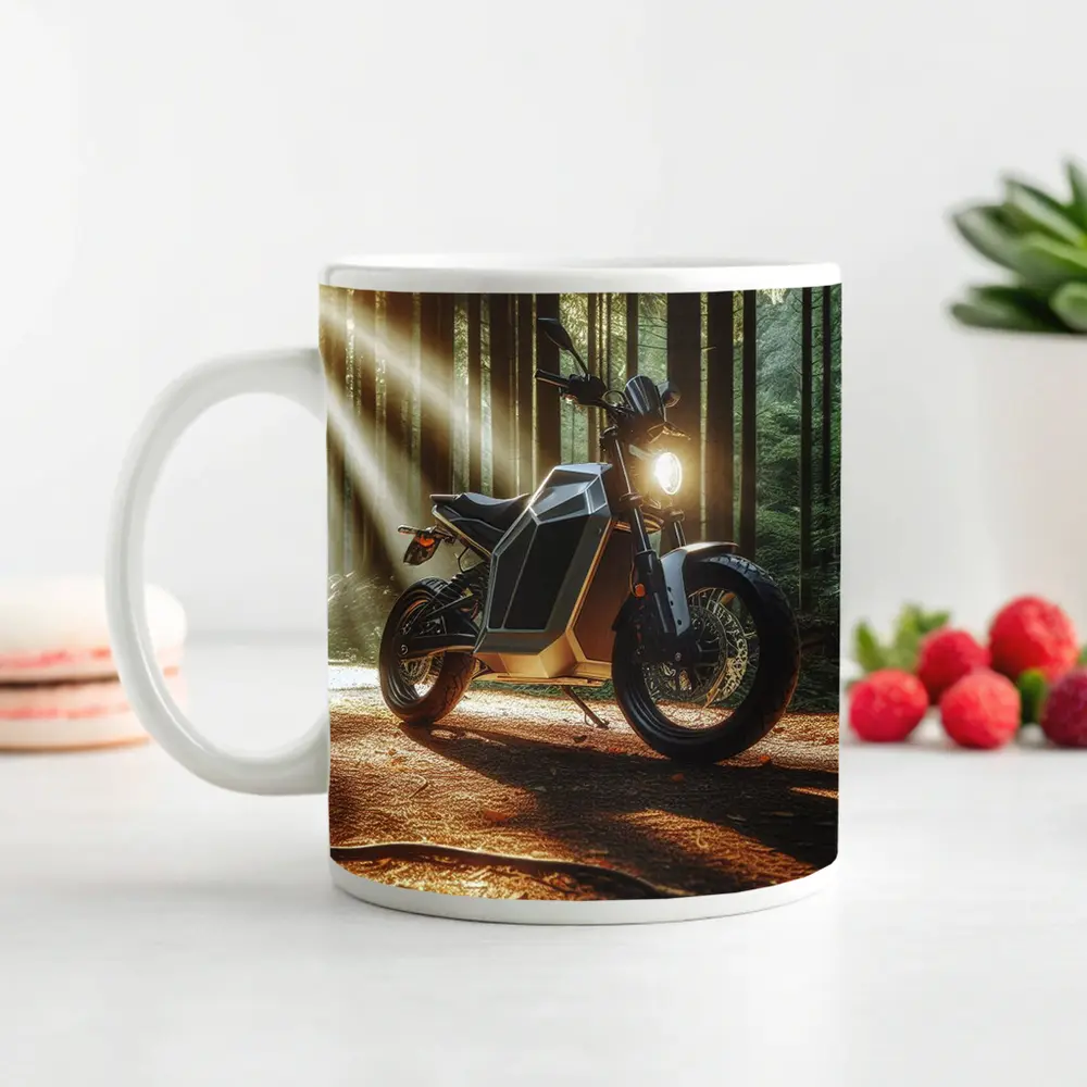 Electric Motorcycle Parked In Sunlit Forest – Mugs