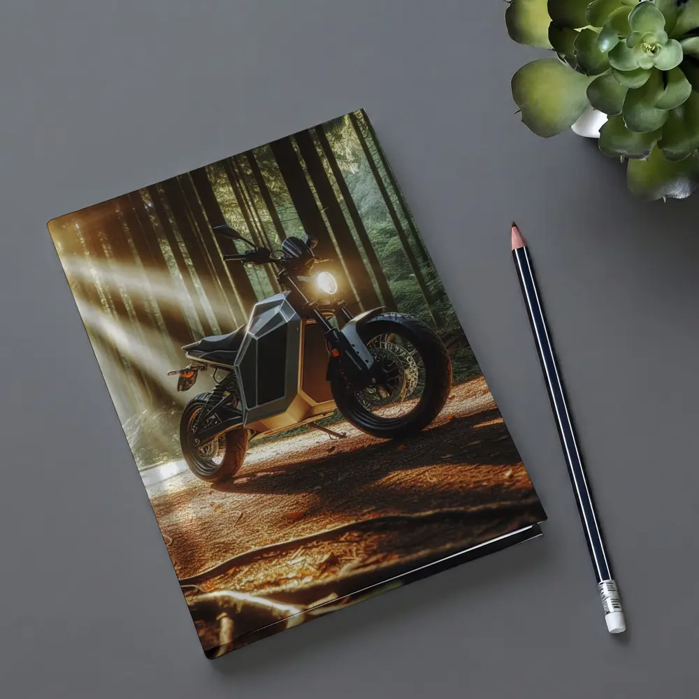 Electric Motorcycle Parked In Sunlit Forest – Notebooks