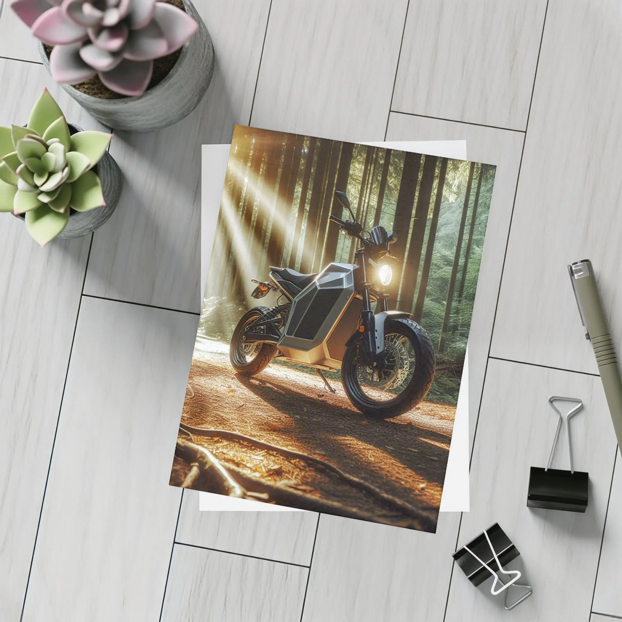 Electric Motorcycle Parked In Sunlit Forest – Postcards