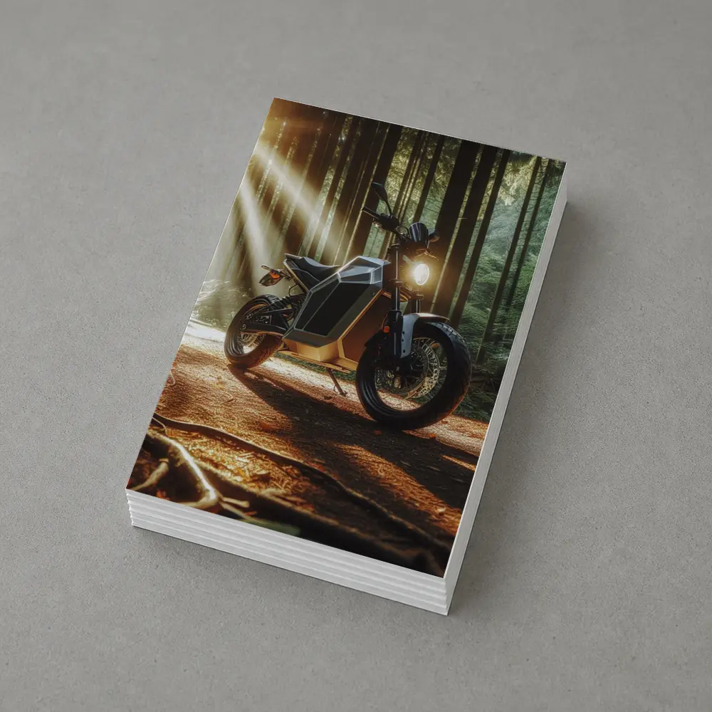Electric Motorcycle Parked In Sunlit Forest – Postcards