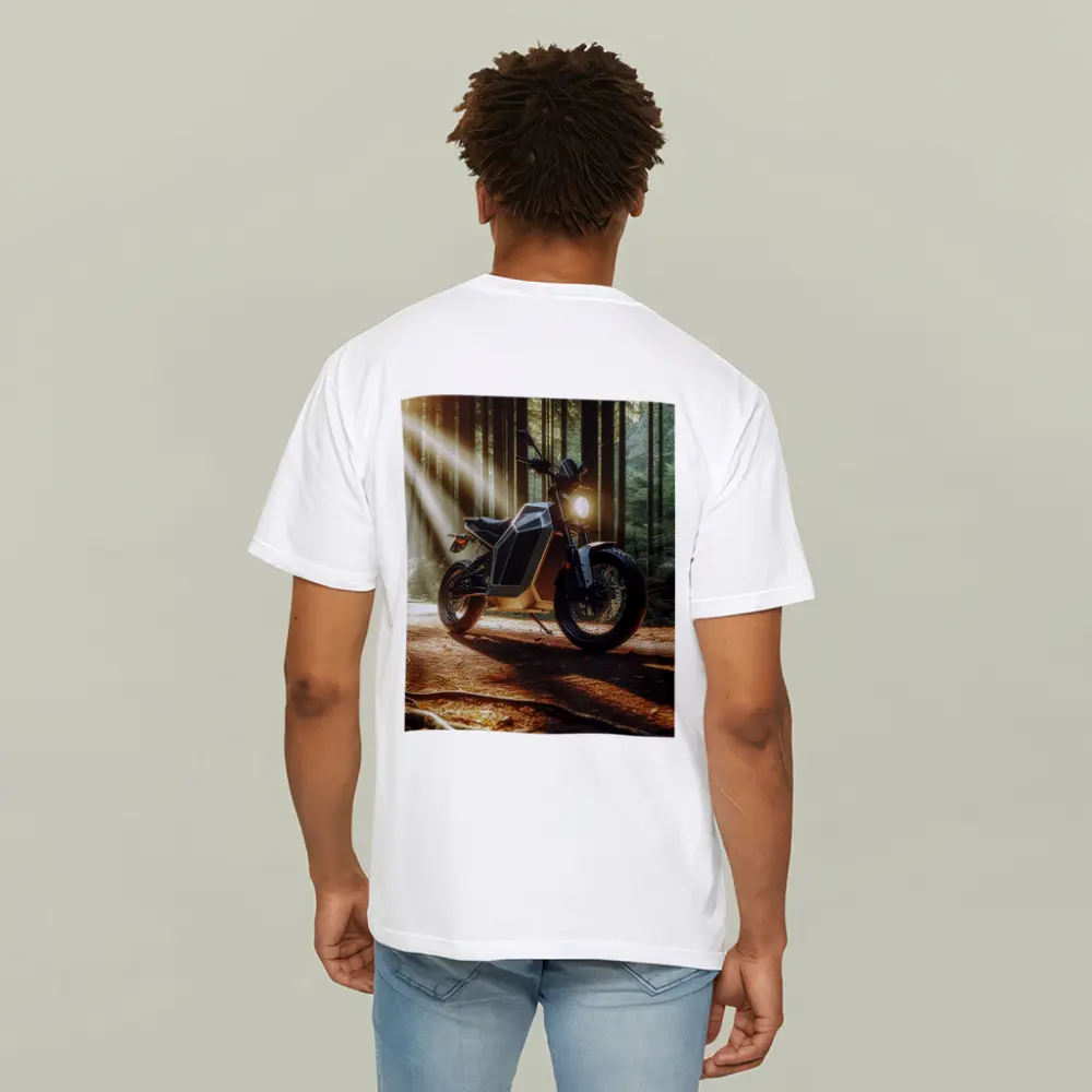 Electric Motorcycle Parked In Sunlit Forest – T-Shirts