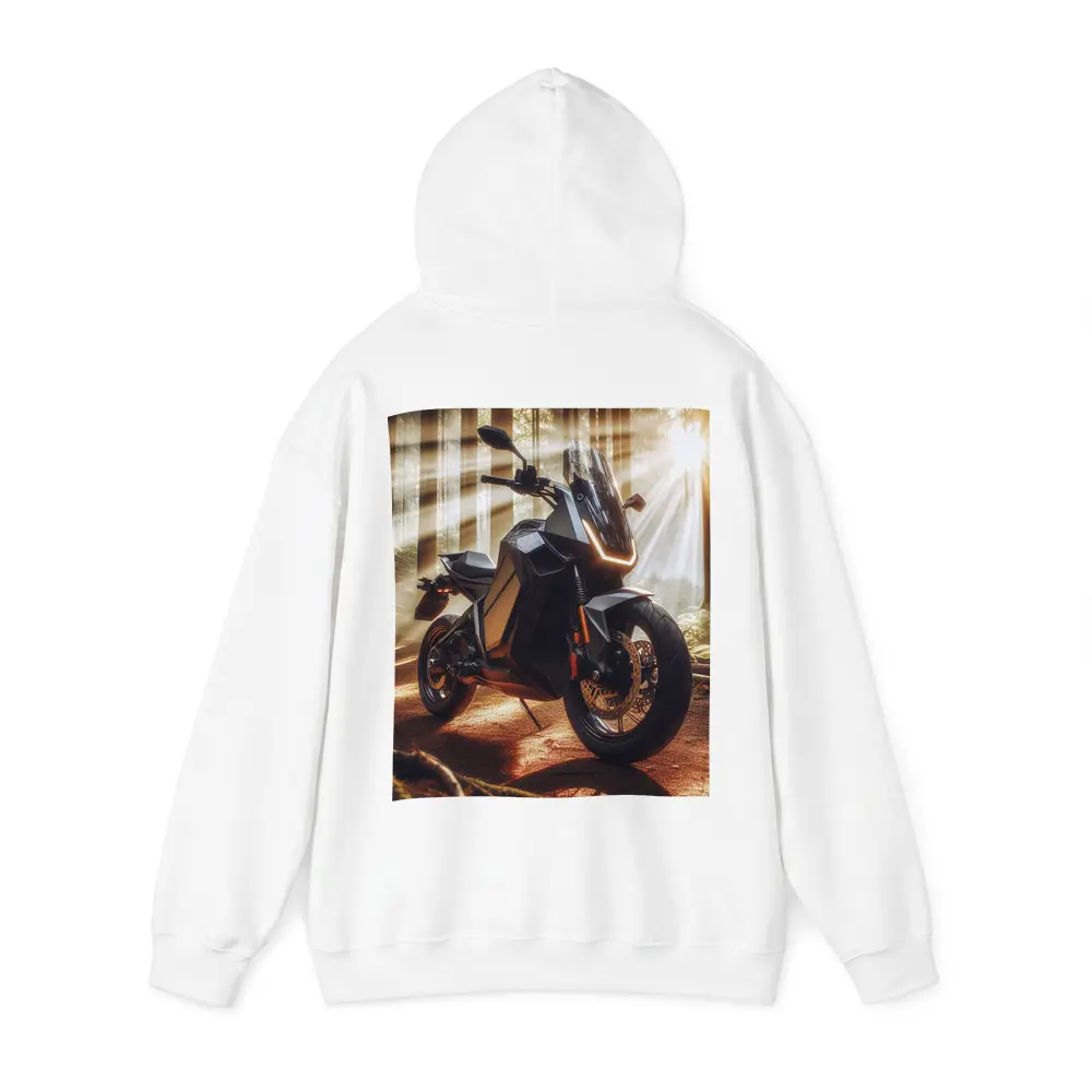 Electric Adventure Motorcycle Glowing Forest Sunlight – Hoodies
