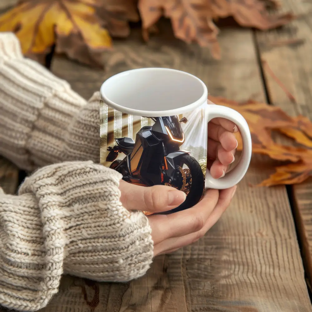 Electric Adventure Motorcycle Glowing Forest Sunlight – Mugs