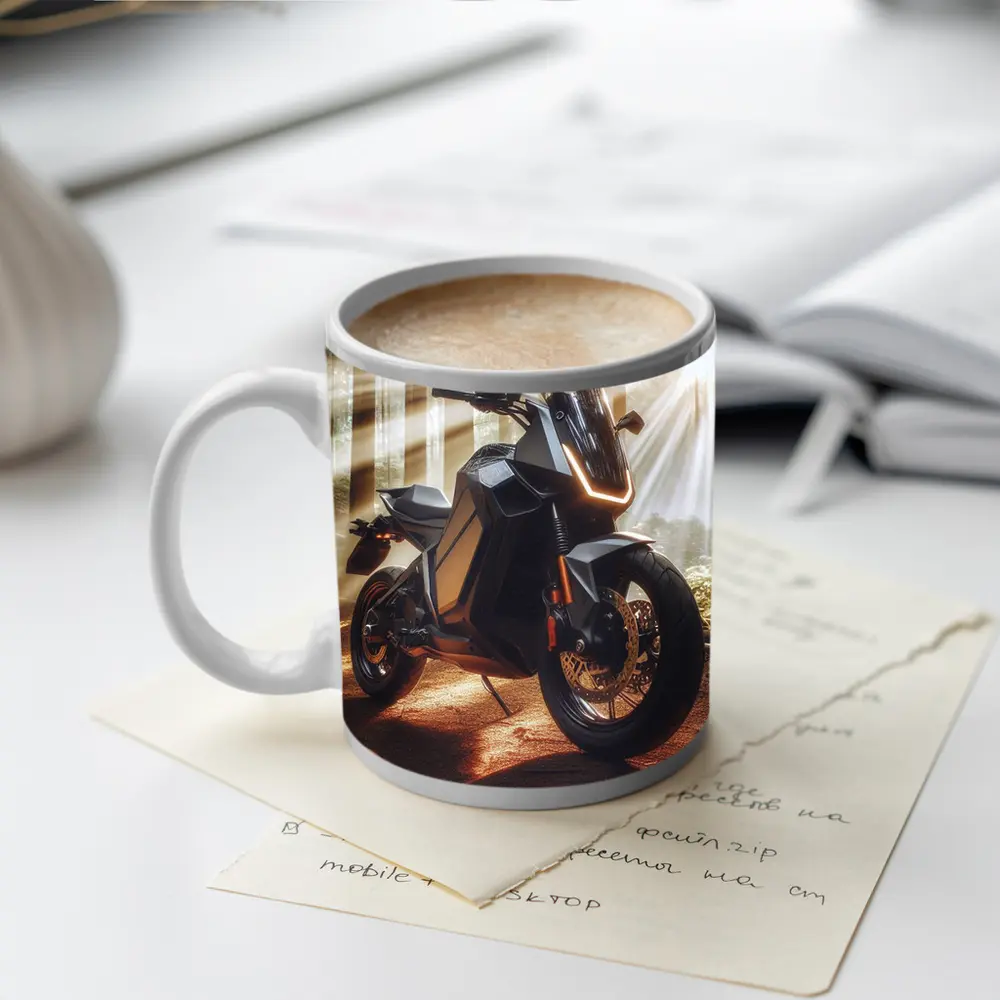 Electric Adventure Motorcycle Glowing Forest Sunlight – Mugs