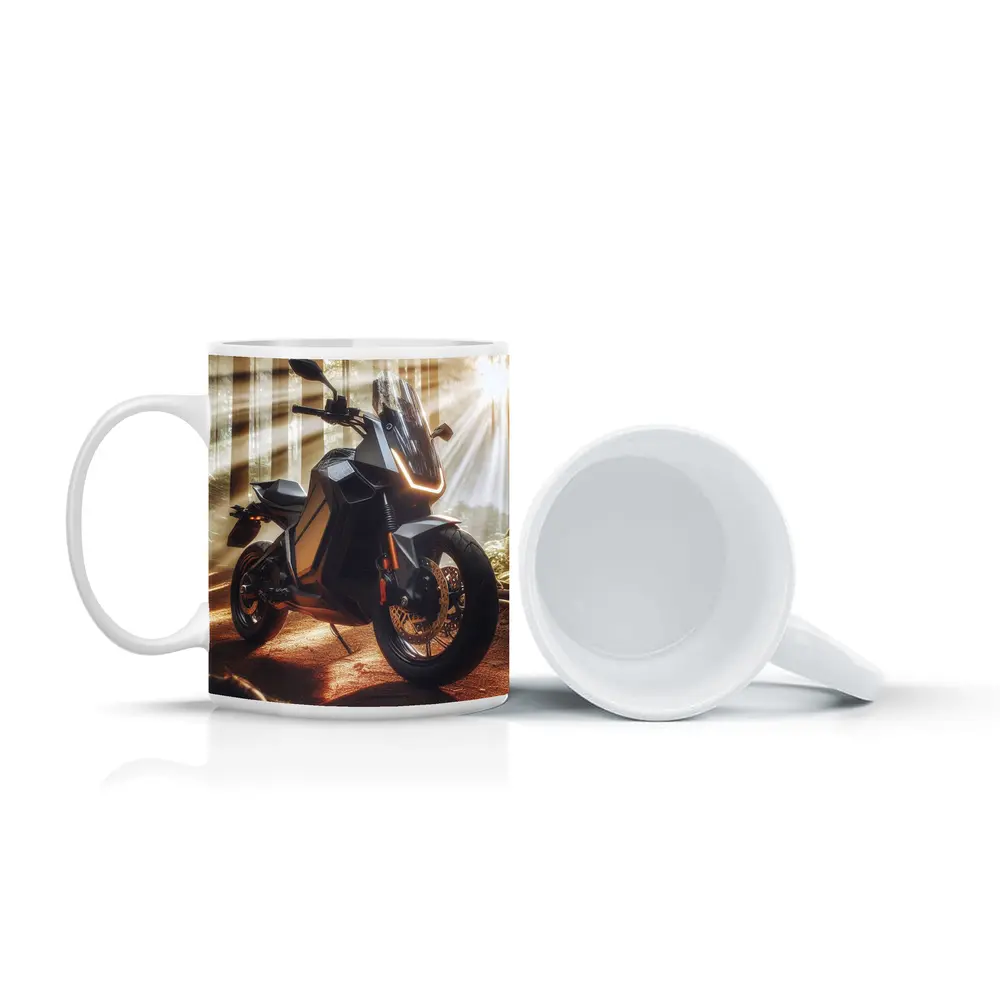 Electric Adventure Motorcycle Glowing Forest Sunlight – Mugs