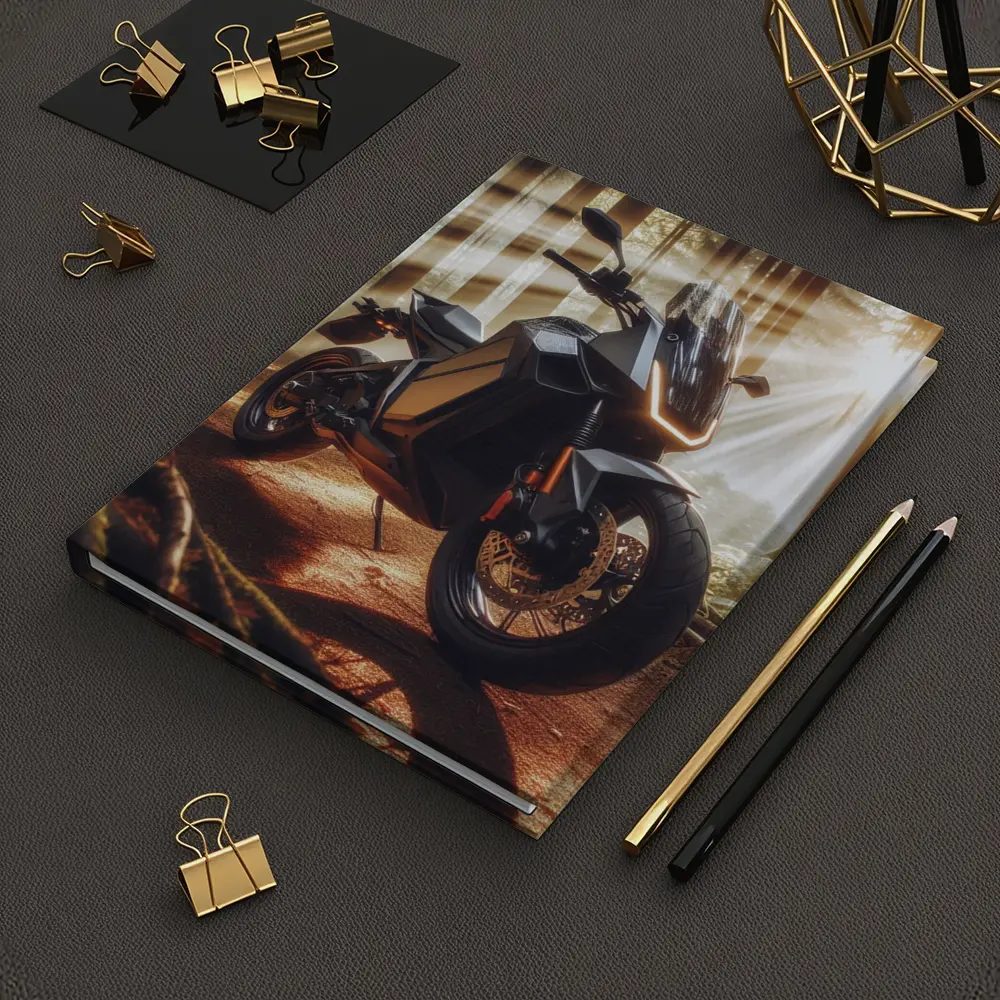Electric Adventure Motorcycle Glowing Forest Sunlight – Notebooks