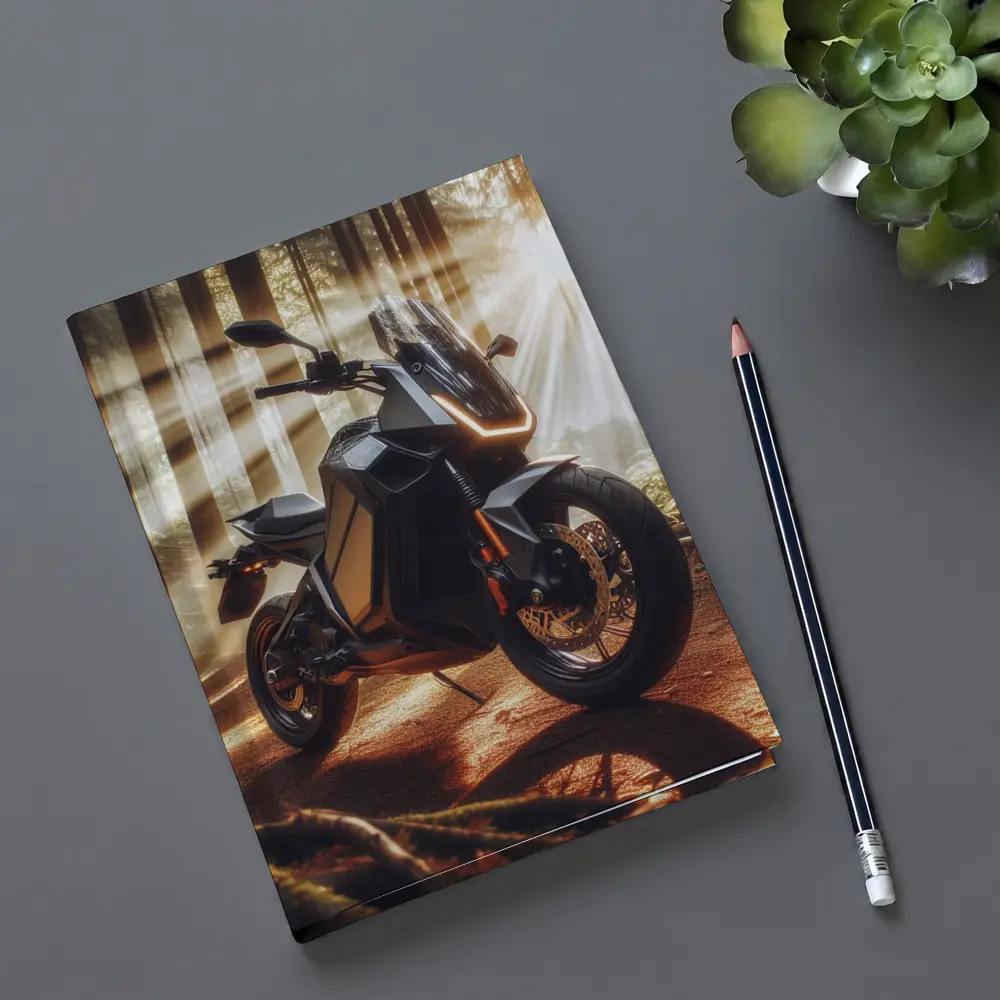 Electric Adventure Motorcycle Glowing Forest Sunlight – Notebooks