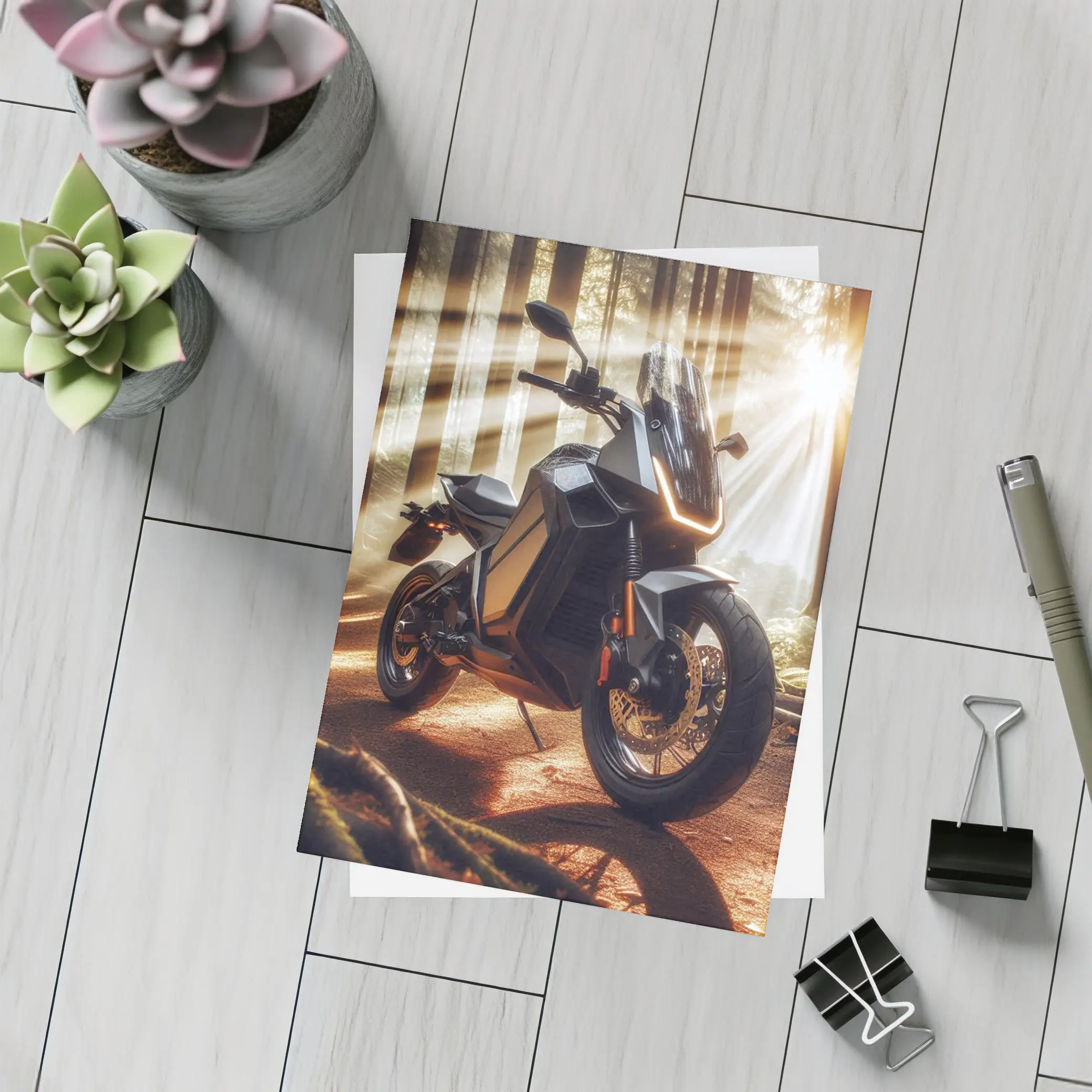 Electric Adventure Motorcycle Glowing Forest Sunlight – Postcards