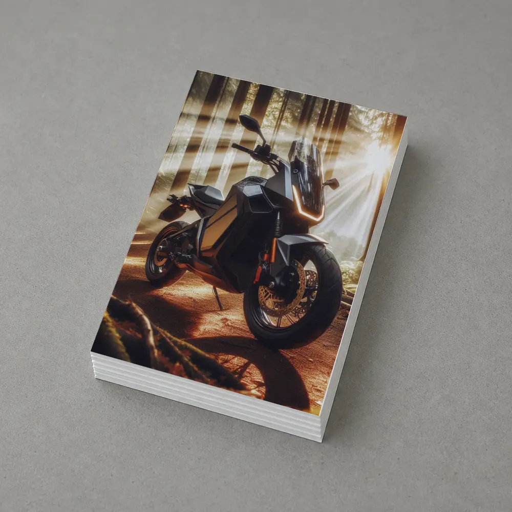 Electric Adventure Motorcycle Glowing Forest Sunlight – Postcards