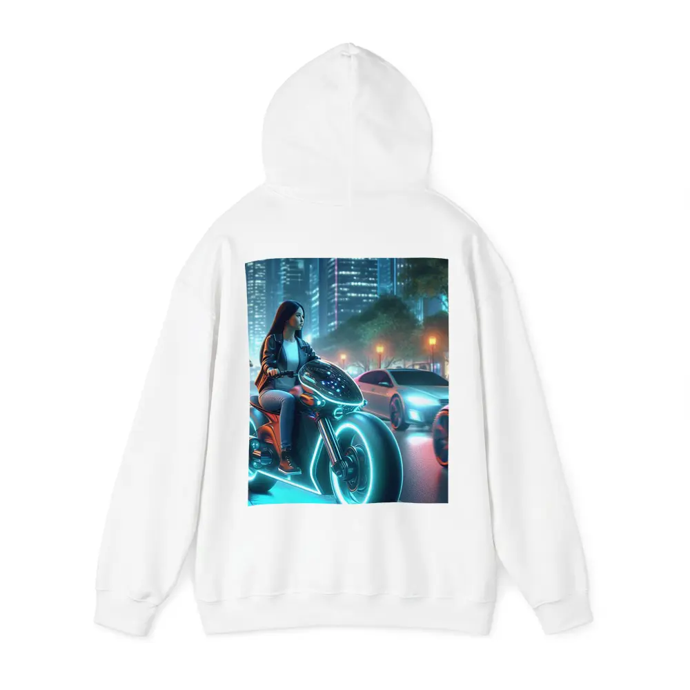 Futuristic Woman Riding Neon Motorcycle City Night – Hoodies