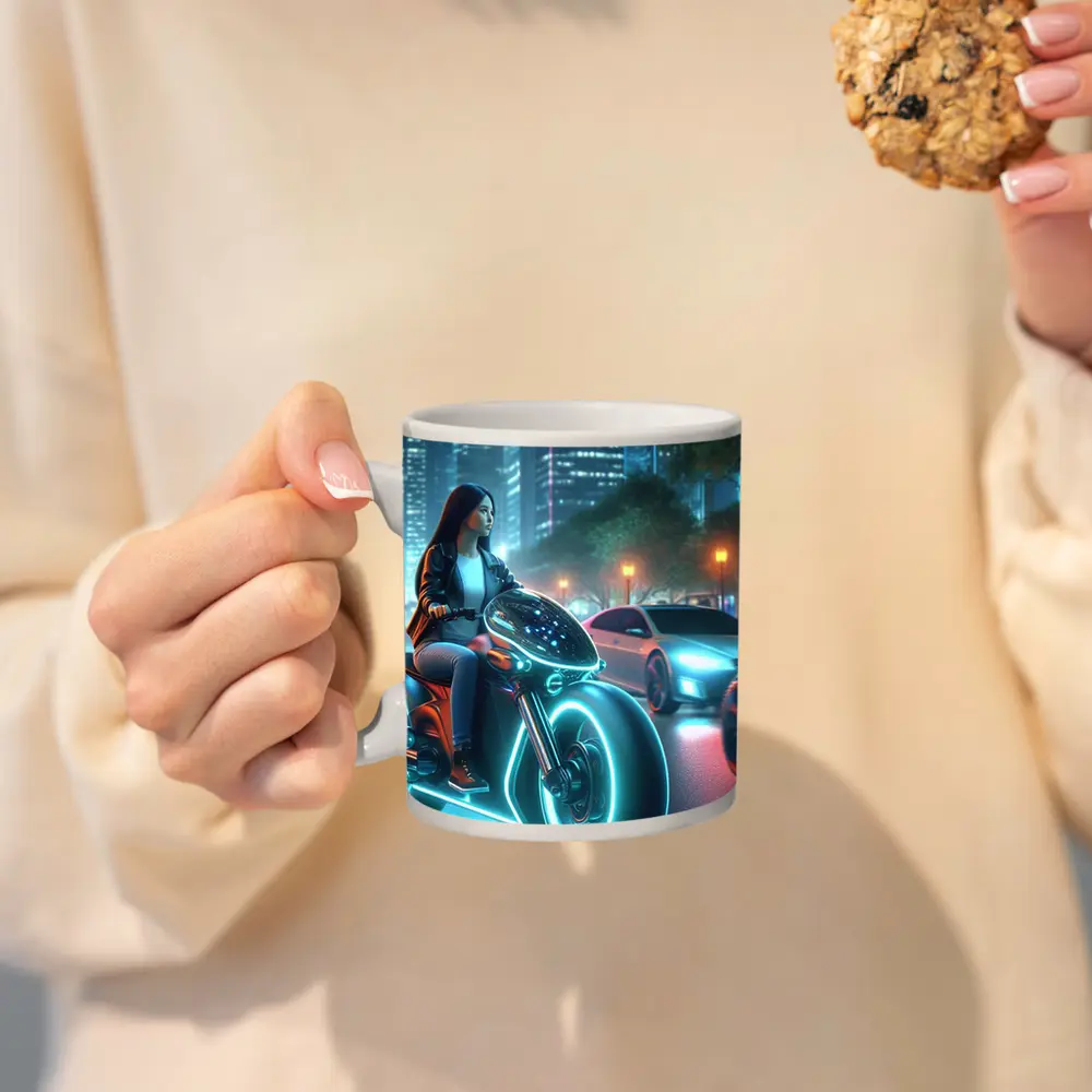 Futuristic Woman Riding Neon Motorcycle City Night – Mugs
