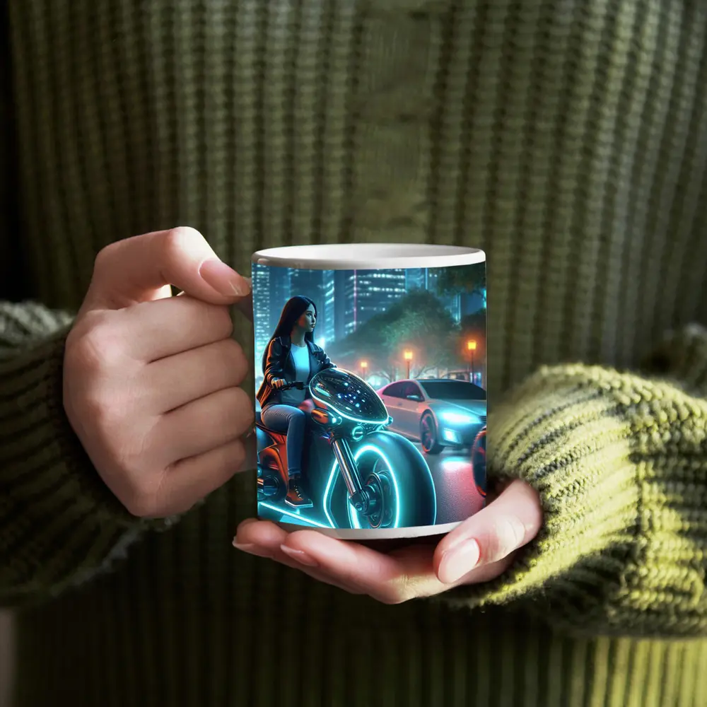 Futuristic Woman Riding Neon Motorcycle City Night – Mugs