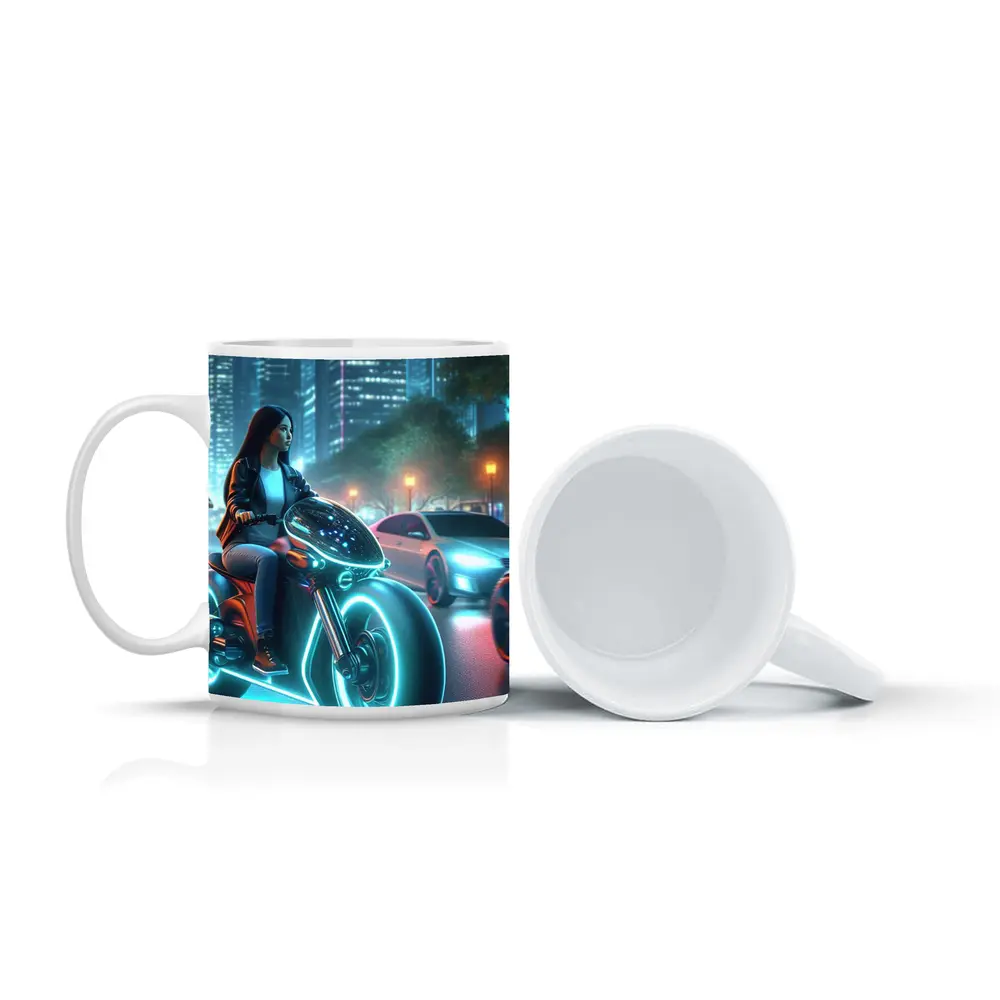 Futuristic Woman Riding Neon Motorcycle City Night – Mugs
