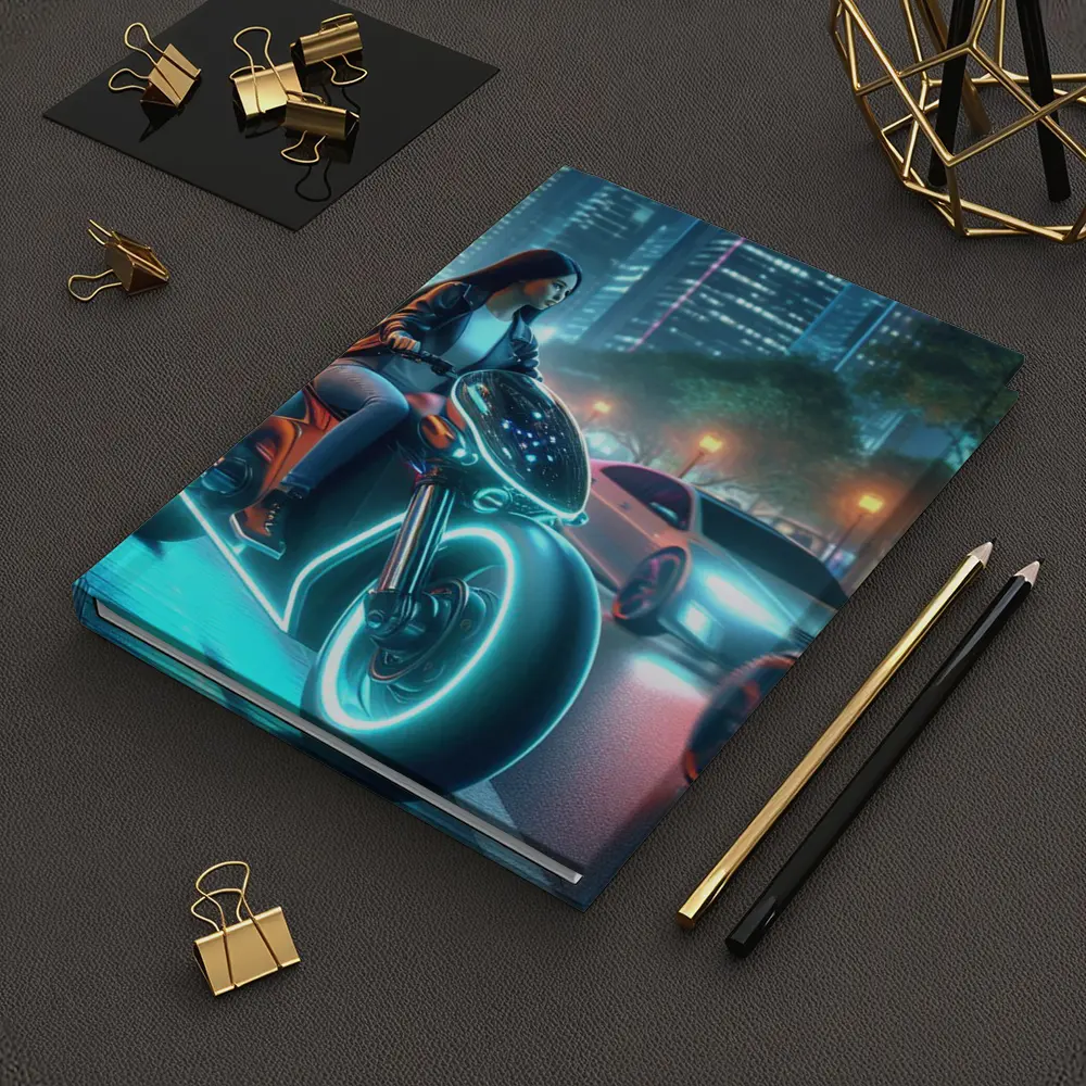 Futuristic Woman Riding Neon Motorcycle City Night – Notebooks
