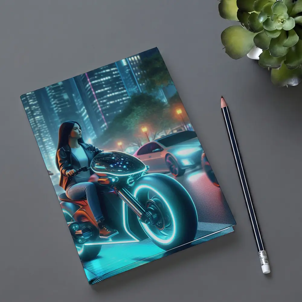 Futuristic Woman Riding Neon Motorcycle City Night – Notebooks