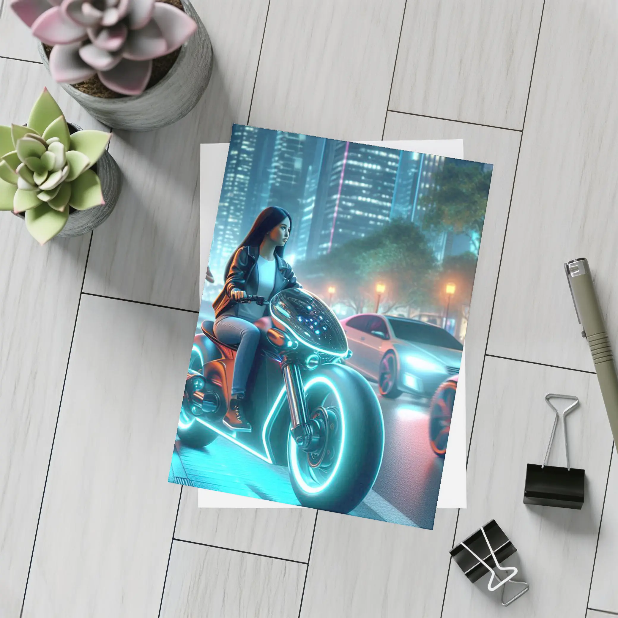 Futuristic Woman Riding Neon Motorcycle City Night – Postcards