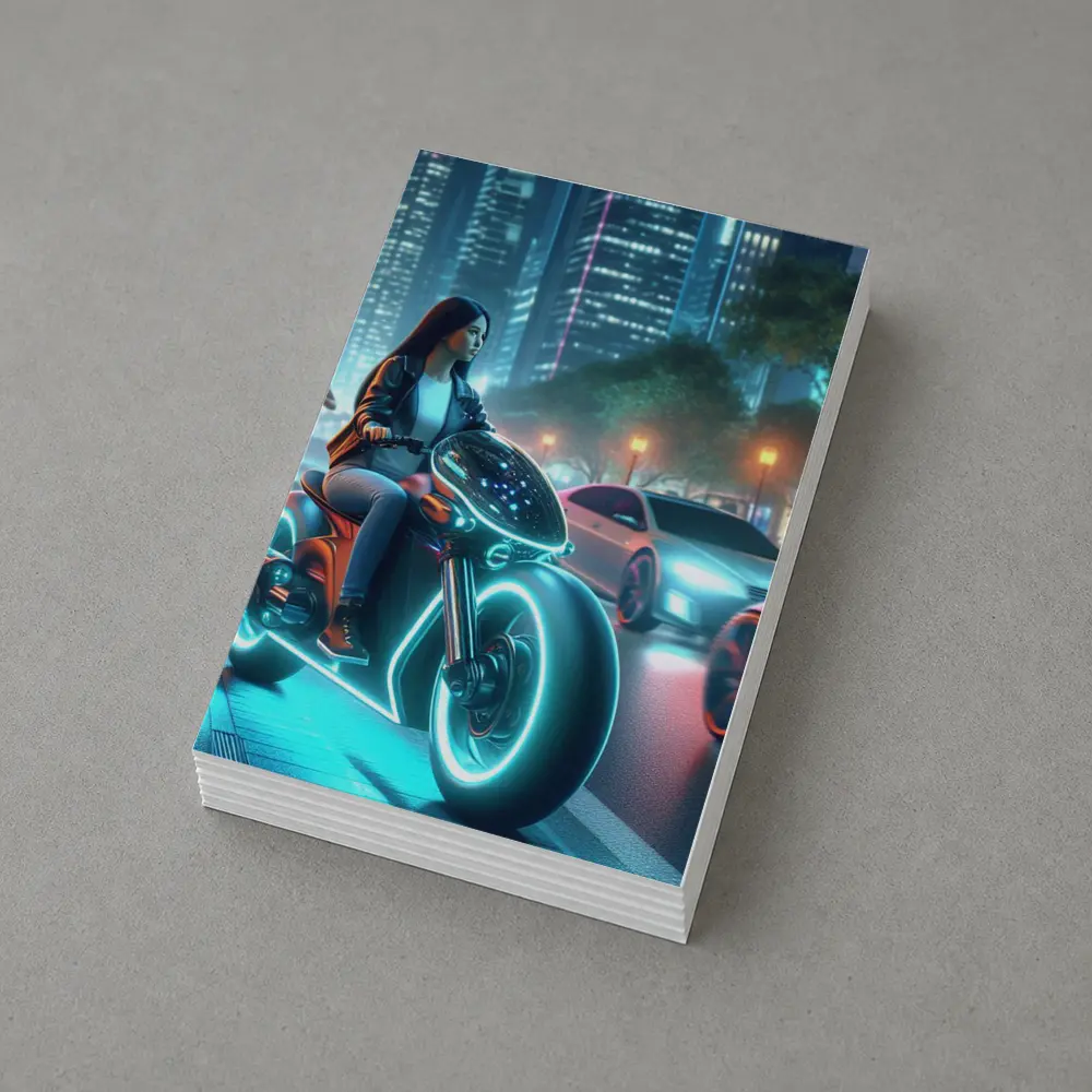 Futuristic Woman Riding Neon Motorcycle City Night – Postcards