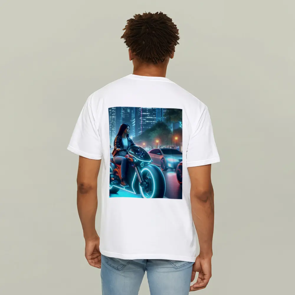 Futuristic Woman Riding Neon Motorcycle City Night – T-Shirts