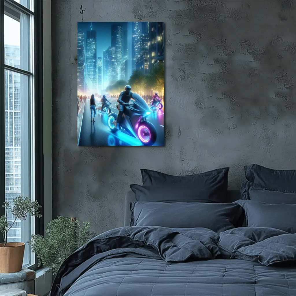 Futuristic Neon Motorcycles Glowing City Night – Wall Art