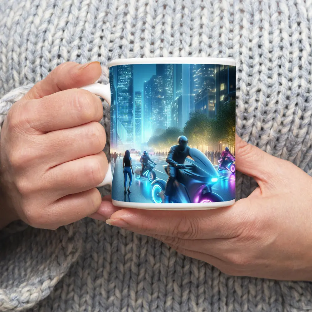 Futuristic Neon Motorcycles Glowing City Night – Mugs