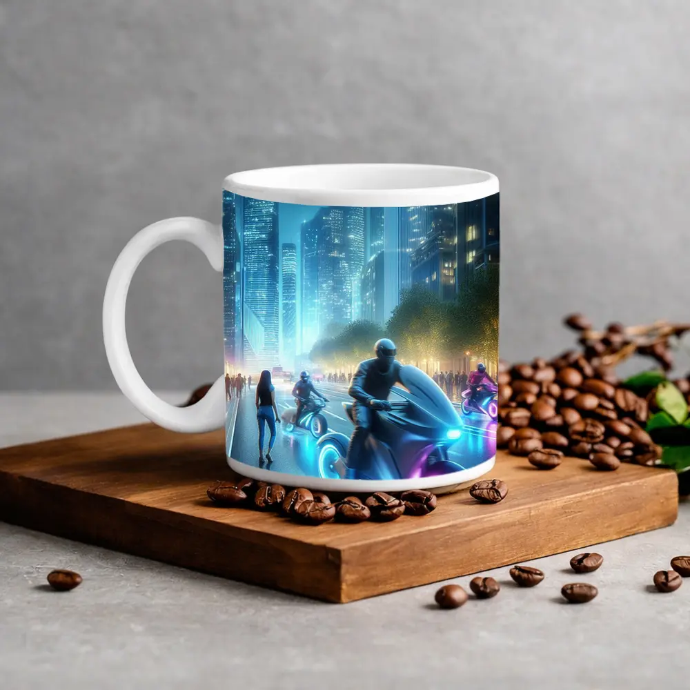 Futuristic Neon Motorcycles Glowing City Night – Mugs